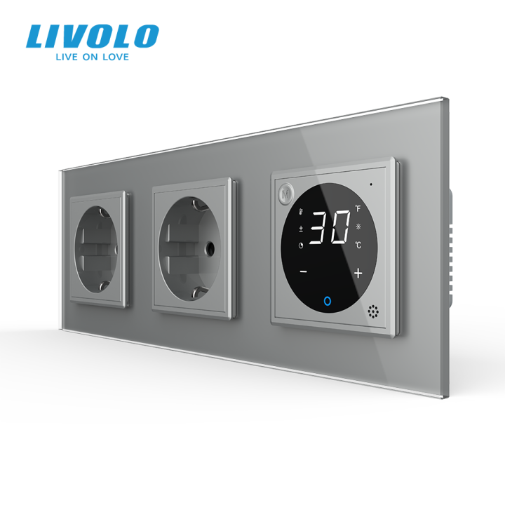 Терморегулятор сенсорний для теплої підлоги LIVOLO з розеткою заземлення, сіра, скляна рамка, 250В 16А · LIVOLO · VL-C7FCTC16A/FCQ1-6IP