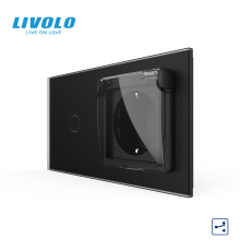 Сенсорний прохідний вимикач LIVOLO з розеткою IP44 кришка чорний матовый 16А 230В із заземленням шторки скло