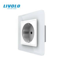 Електрична розетка з заземленням LIVOLO, біла, скляна 2.5D рамка, шторки, 250В 16А