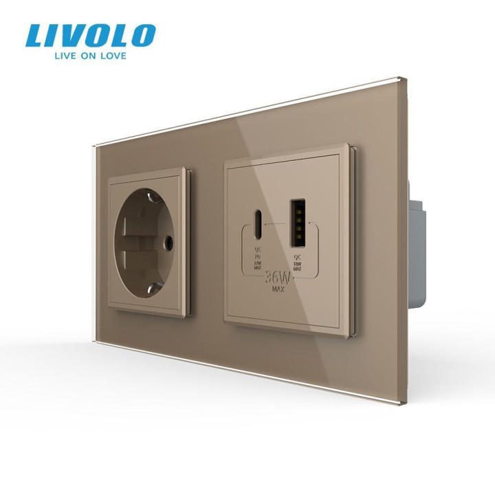 Розетка LIVOLO з USB-A та USB-C, Power Delivery 36W, золота, настінна дизайнерська, скляна рамка · LIVOLO · VL-C7FCTC16A/FCUA18W.UC18W-4AP