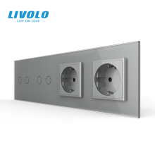 Сенсорний вимикач 4 сенсора (2-2) 2 розетки Livolo сірий скло (VL-C702/C702/C7C2EU-15)