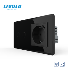 Прохідний сенсорний димер LIVOLO на 2 сенсори з розеткою та USB Type-C 18Вт, чорний 2.5D, заземлення