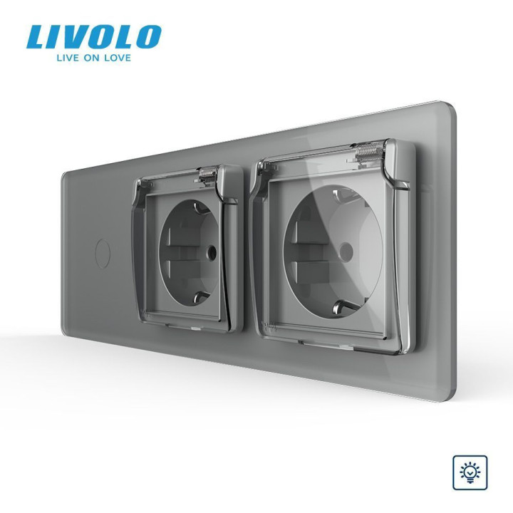 Сенсорний димер LIVOLO з двома розетками IP44, сірий 2.5D, скло, 16A 230V, із заземленням, шторки · LIVOLO · VL-C7FC1D/FCTC16A/FCTC16A/XW001-6IS05