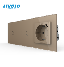 Сенсорний димер LIVOLO 3 сенсори (1-2) з розеткою з USB Type-C 18Вт, 16A 230V, заземлення, золотий матовый скло