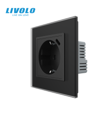 Електрична розетка з USB Type-C 18Вт для зарядки, з заземленням, LIVOLO, чорна, скляна матова рамка, 250В 16А