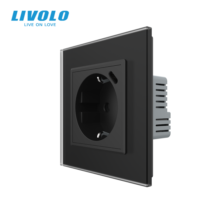 Електрична розетка з USB Type-C 18Вт для зарядки, з заземленням, LIVOLO, чорна, скляна матова рамка, 250В 16А · LIVOLO · VL-C7CTF16A.UC18W-2BS06