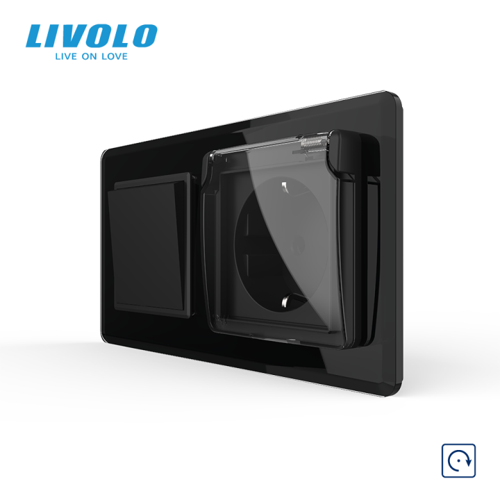 Вимикач без фіксації з розеткою кришка IP44 LIVOLO чорний 2.5D скло, 16А 230В, із заземленням, захисні шторки · LIVOLO · VL-C7FCMH2/FCTC16A/XW001-4BS05