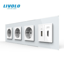 Розетка чотиримісна з USB 10Вт, інтернет портом RJ-45 і HDMI, біла, настінна дизайнерська, скляна рамка