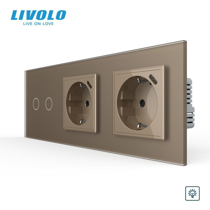 Подвійний сенсорний димер LIVOLO з двома розетками з USB Type-C 18Вт, заземлення, золотий матовый, скло, 16A 230V · LIVOLO · VL-C7FC2D/FCTF16A.UC18W/FCTF16A.UC18W-6AS06