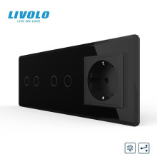Сенсорний прохідний димер LIVOLO 4 сенсори (2-2) з розеткою, чорний 2.5D скло, 16A 230V, заземлення, захисні шторки