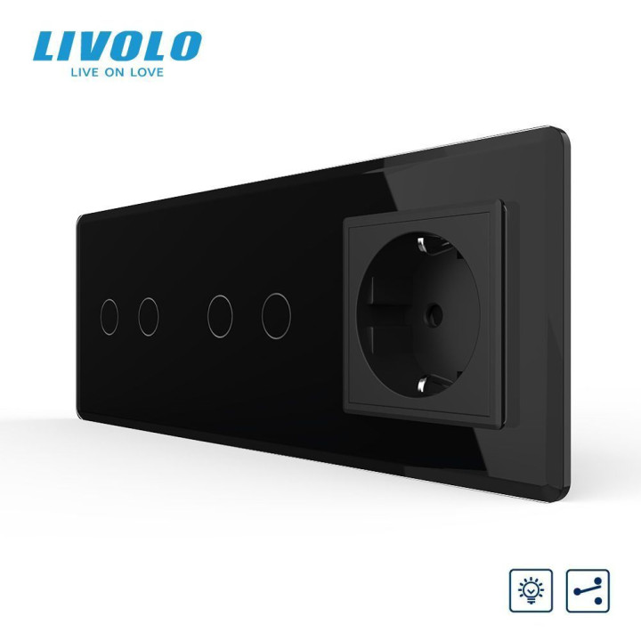 Сенсорний прохідний димер LIVOLO 4 сенсори (2-2) з розеткою, чорний 2.5D скло, 16A 230V, заземлення, захисні шторки · LIVOLO · VL-C7FC2SD/FC2SD/FCTC16A-6BS05