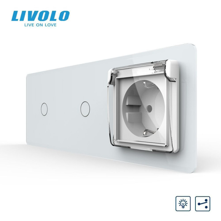 Прохідний сенсорний димер LIVOLO 2 сенсори (1-1) з розеткою IP44, кришка, 16A 230V, заземлення, білий 2.5D скло · LIVOLO · VL-C7FC1SD/FC1SD/FCTC16A/XW001-6WS05