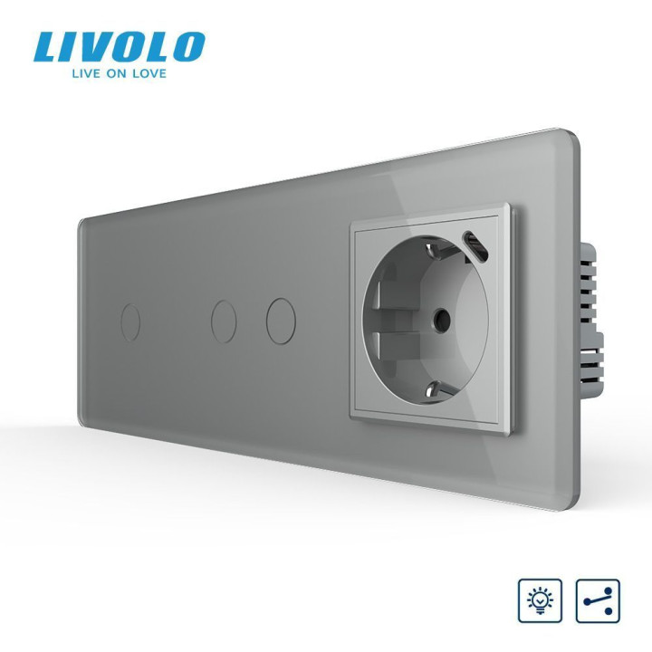 Прохідний сенсорний димер LIVOLO 3 сенсори (1-2) з розеткою з USB Type-C 18Вт, сірий 2.5D скло, заземлення · LIVOLO · VL-C7FC1SD/FC2SD/FCTF16A.UC18W-6IS05