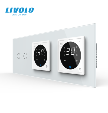 Розумний терморегулятор подвійний + подвійний прохідний вимикач LIVOLO, керування зі смартфона, білий скляний