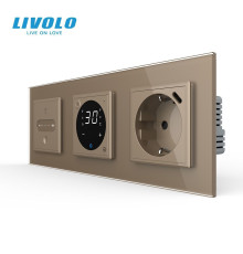 Розумний терморегулятор + прохідний сенсорний димер + USB Type-C 18Вт LIVOLO, золотий скляний