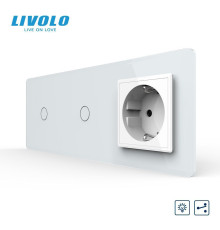 Сенсорний прохідний димер LIVOLO 2 сенсори (1-1) з розеткою, білий 2.5D скло, 16A 230V, заземлення, захисні шторки