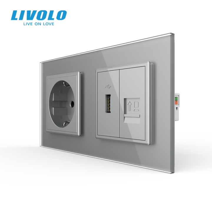 Розетка LIVOLO з USB 10Вт і інтернет портом RJ-45, сіра, настінна дизайнерська, скляна рамка · LIVOLO · VL-C7FCTC16A/FCUA/FCCP-4IP
