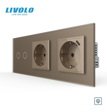 Подвійний сенсорний димер LIVOLO з розеткою та розеткою з USB Type-C 18Вт, заземлення, золотий матовый, скло, 16A 230V