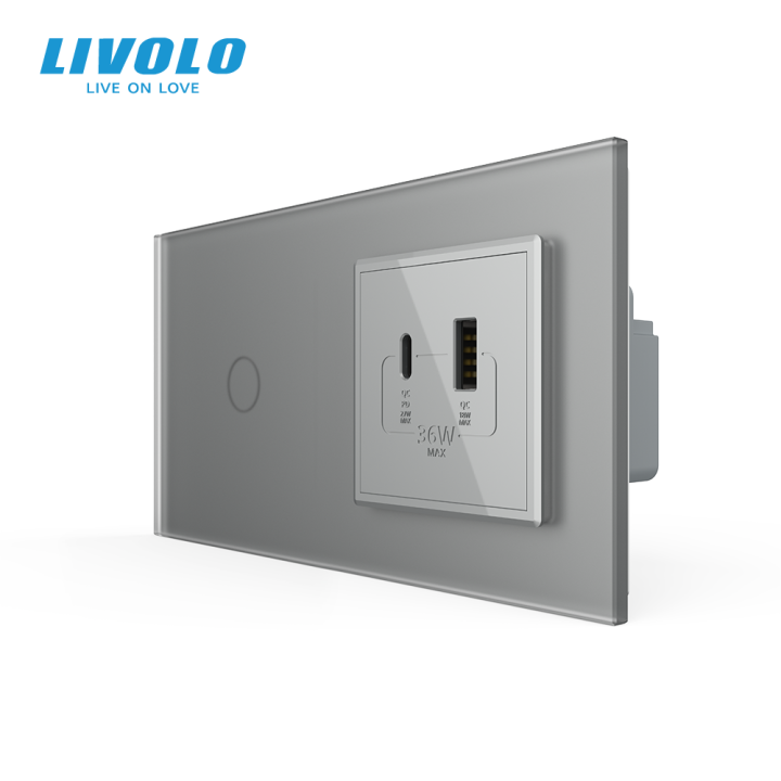 Сенсорний (дотиковий) вимикач LIVOLO з розеткою USB-A + USB-C 36Вт сірий матовый скляна рамка · LIVOLO · VL-C7FC1/FCUA18W.UC18W-4IS06