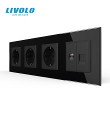 Розетка чотиримісна комбінована Силова Інтернет ТБ LIVOLO чорна 2.5D скло