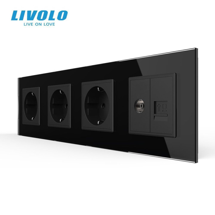 Розетка чотиримісна комбінована Силова Інтернет ТБ LIVOLO чорна 2.5D скло · LIVOLO · VL-C7FCTC16A/FCCP/FCTV-8BS05