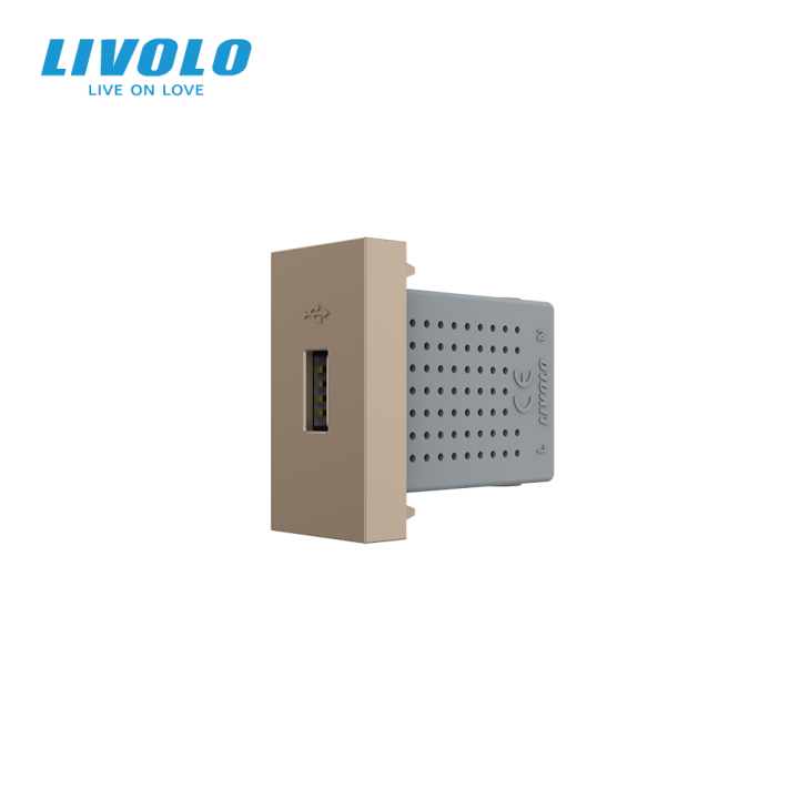 USB розетка LIVOLO 5V 2.1A, золота, 10Вт, з блоком живлення, модуль 0.5 поста (VL-FCUA-1AP) · LIVOLO · VL-FCUA-1AP