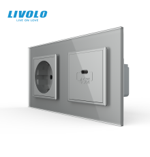 Розетка LIVOLO з USB-C Power Delivery 45Вт, сіра, настінна дизайнерська, скляна рамка