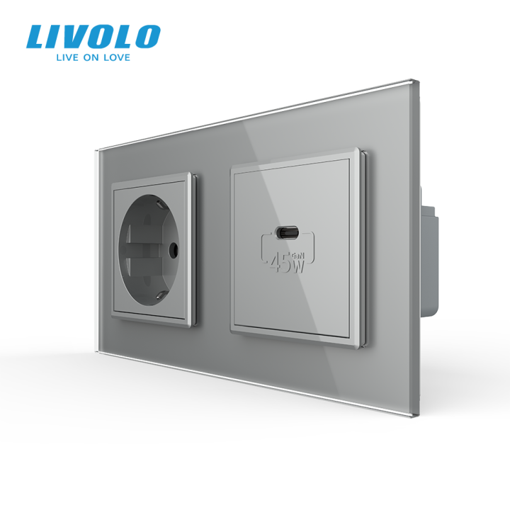 Розетка LIVOLO з USB-C Power Delivery 45Вт, сіра, настінна дизайнерська, скляна рамка · LIVOLO · VL-C7FCTC16A/FCUC-4IP