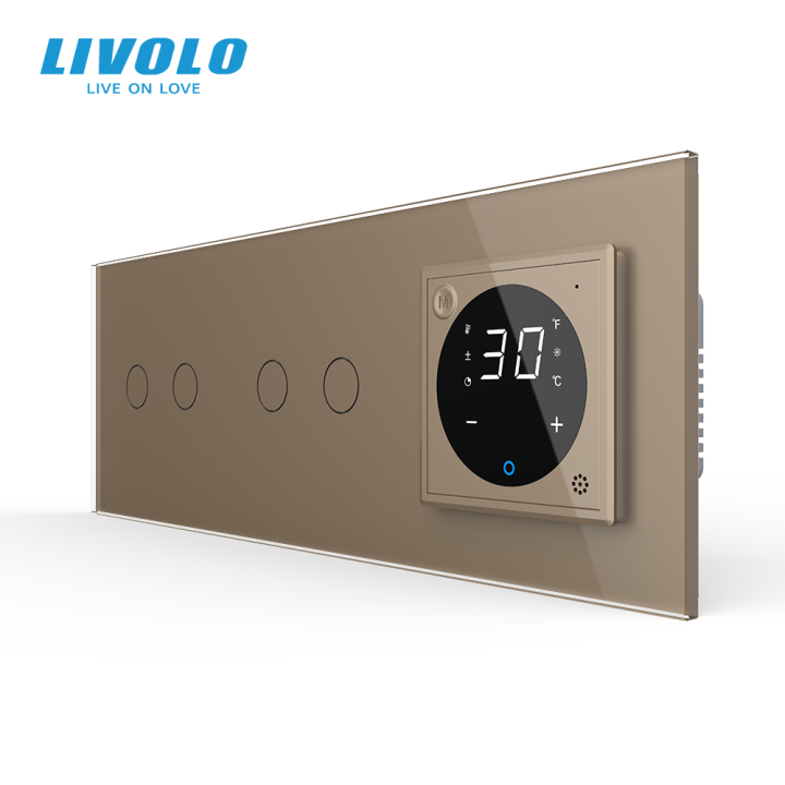Терморегулятор сенсорний для теплої підлоги LIVOLO з прохідним вимикачем 4 сенсори (2-2), золото, скло · LIVOLO · VL-C7FC2S/FC2S/FCQ1-6AP