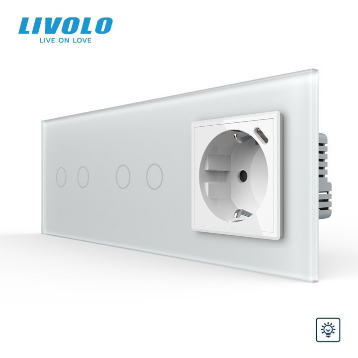 Сенсорний димер LIVOLO 4 сенсори (2-2) з розеткою з USB Type-C 18Вт, білий матовый скло, 16A 230V, заземлення · LIVOLO · VL-C7FC2D/FC2D/FCTF16A.UC18W-6WS06