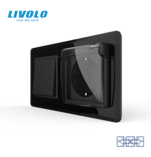 Двоклавішний перехресний вимикач з розеткою кришка IP44 LIVOLO чорний 2.5D скло, із заземленням, захисні шторки