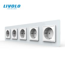 П’ятимісна електрична розетка з заземленням LIVOLO, біла, скляна 2.5D рамка, шторки, 250В 16А