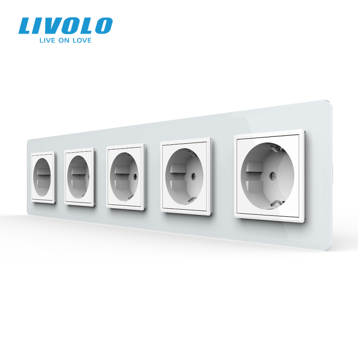 П’ятимісна електрична розетка з заземленням LIVOLO, біла, скляна 2.5D рамка, шторки, 250В 16А · LIVOLO · VL-C7FCTC16A-10WS05