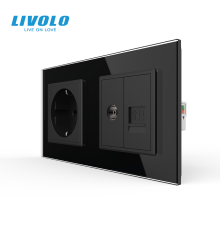 Розетка двомісна комбінована Силова Інтернет ТБ Livolo чорний скло (VL-C7C1EU1V1C-12)