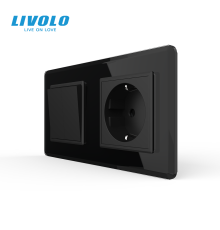 Двоклавішний вимикач з розеткою LIVOLO чорний 2.5D скло