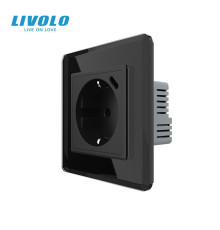 Електрична розетка з USB Type-C 18Вт для зарядки, з заземленням, LIVOLO, чорна, скляна 2.5D рамка, 250В 16А
