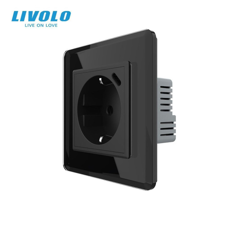 Електрична розетка з USB Type-C 18Вт для зарядки, з заземленням, LIVOLO, чорна, скляна 2.5D рамка, 250В 16А · LIVOLO · VL-C7CTF16A.UC18W-2BS05