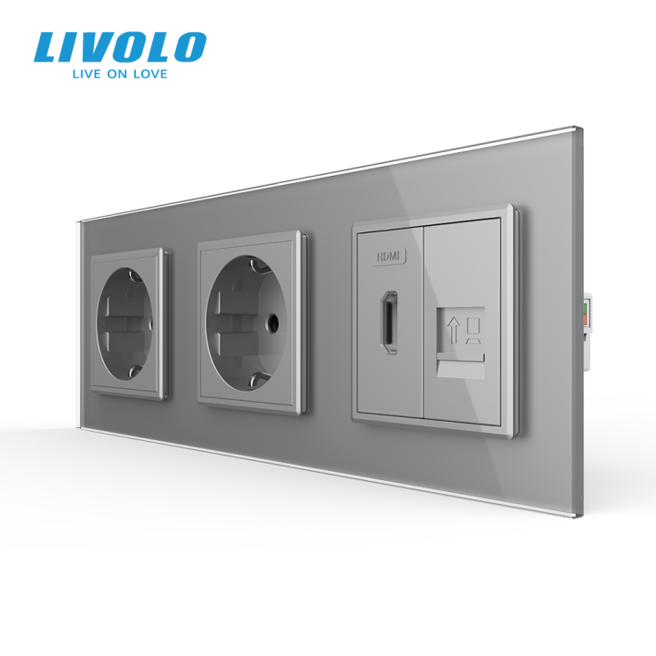 Розетка LIVOLO з HDMI і Інтернет RJ-45, сіра, настінна, скляна рамка · LIVOLO · VL-C7FCTC16A/FCHD/FCCP-6IP