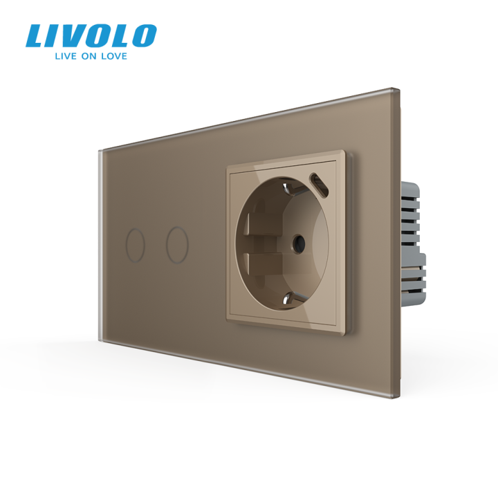 Сенсорний подвійний вимикач LIVOLO з USB Type-C 18 Вт золотий матовый 16 А 230 В із заземленням шторки скло · LIVOLO · VL-C7FC2/FCTF16A.UC18W-4AS06