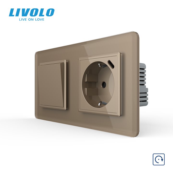 Вимикач без фіксації LIVOLO з розеткою та USB Type-C 18Вт, золотий 2.5D, скло, із заземленням і захисними шторками · LIVOLO · VL-C7FCMH2/FCTF16A.UC18W-4AS05
