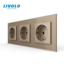 Потрійна електрична розетка з заземленням LIVOLO, золота, скляна рамка, шторки, 250В 16А (VL-C7C3EU-13)