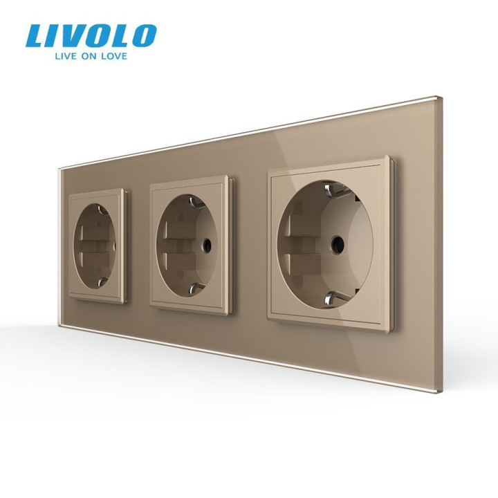 Потрійна електрична розетка з заземленням LIVOLO, золота, скляна рамка, шторки, 250В 16А (VL-C7C3EU-13) · LIVOLO · VL-C7FCTC16A-6AP