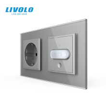 Розетка LIVOLO із заземленням і датчиком руху, сіра, настінна дизайнерська, скляна рамка, 250В 16А