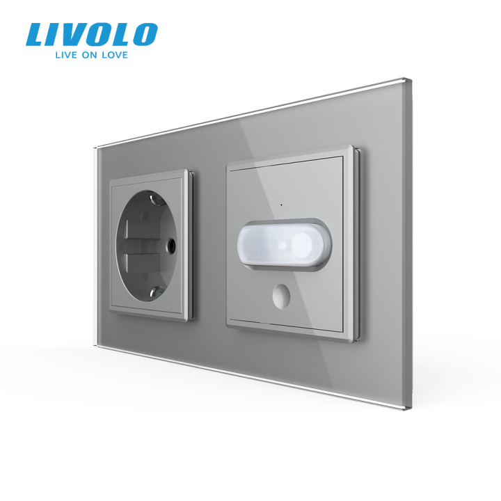 Розетка LIVOLO із заземленням і датчиком руху, сіра, настінна дизайнерська, скляна рамка, 250В 16А · LIVOLO · VL-C7FCTC16A/FCU-4IP