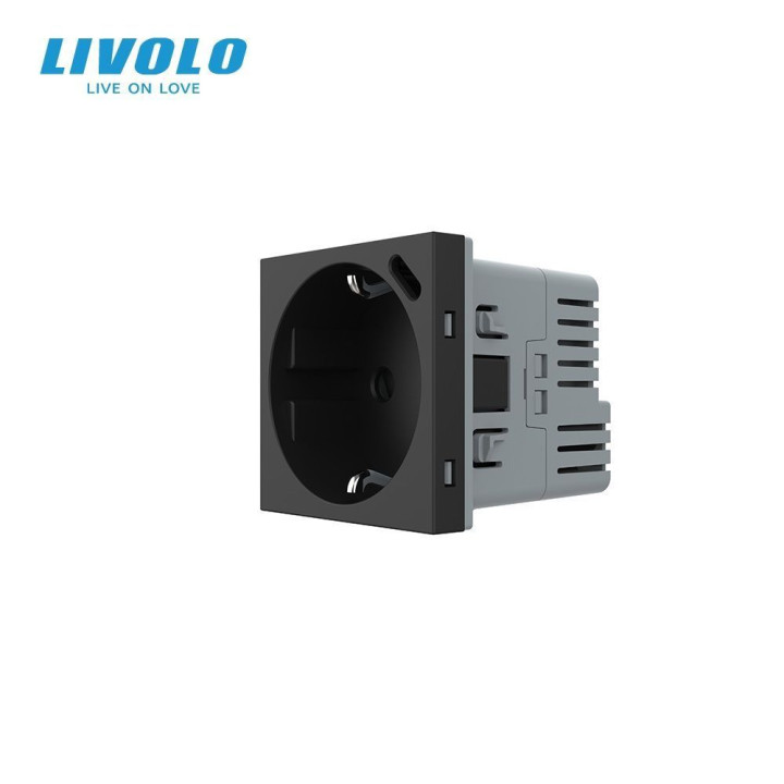 Електрична розетка LIVOLO з USB Type-C PD 18Вт, швидке заряджання iPhone, чорна, 16А 230В, із заземленням, шторки, модуль (VL-FCTF16A.UC18W-2BP) · LIVOLO · VL-FCTF16A.UC18W-2BPS23