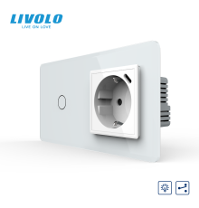 Прохідний сенсорний димер LIVOLO з розеткою та USB Type-C 18Вт, білий 2.5D, із заземленням і захисними шторками