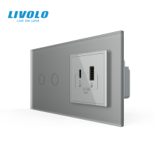 Сенсорний (дотиковий) подвійний вимикач LIVOLO з розеткою USB-A + USB-C 36Вт сірий матовый скло