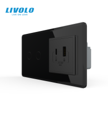 Сенсорний (дотиковий) подвійний вимикач LIVOLO з розеткою USB-A + USB-C 36Вт чорний 2.5D скло