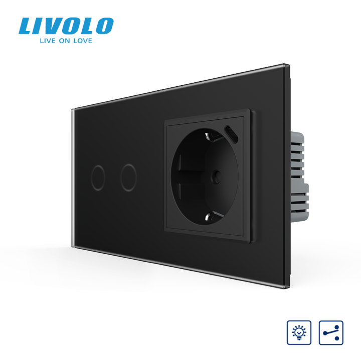 Прохідний сенсорний димер LIVOLO на 2 сенсори з розеткою та USB Type-C 18Вт, чорний матовый, заземлення · LIVOLO · VL-C7FC2SD/FCTF16A.UC18W-4BS06