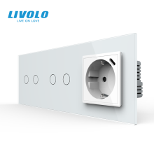 Прохідний сенсорний димер LIVOLO 4 сенсори (2-2) з розеткою з USB Type-C 18Вт, білий скло, заземлення